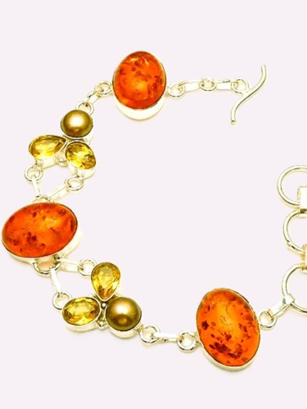 Amber Citrine Pearl Gemstone  Sterling Silver Bracelet Jewelry 22 Gms
